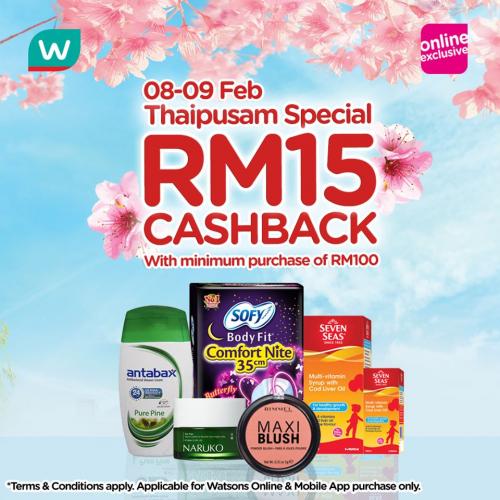 Watsons Online Thaipusam Special Promotion RM15 Cashback (8 February 2020 - 9 February 2020)