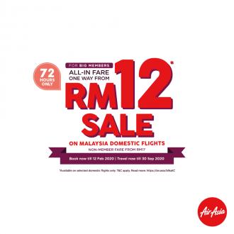 AirAsia 72 Hours Flash Sales Promotion As Low As RM12 (10 February 2020 - 12 February 2020)