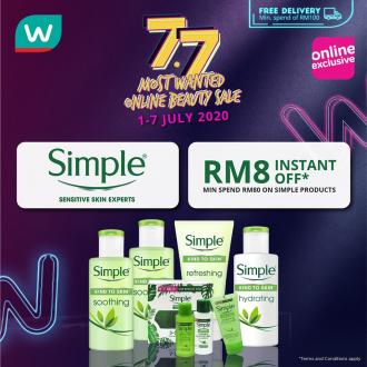 Watsons Simple 7.7 Most Wanted Online Beauty Sale RM8 Instant OFF (1 July 2020 - 7 July 2020)