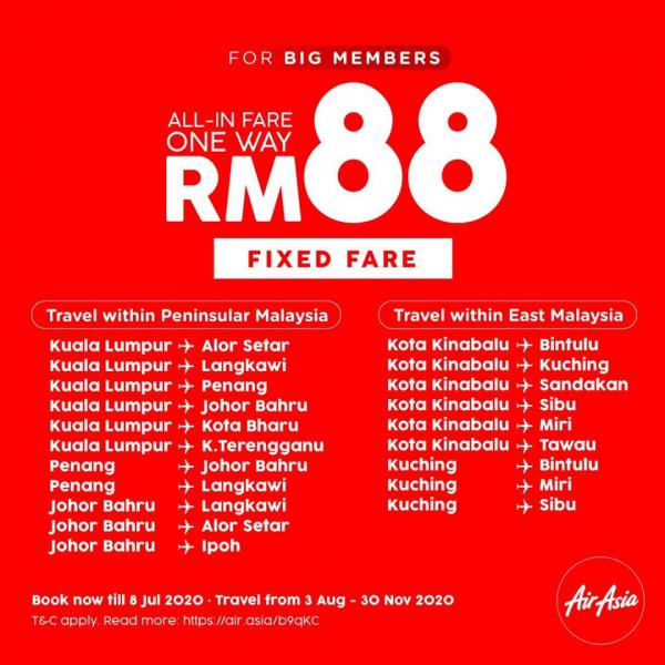 AirAsia RM88 & RM208 Fixed Fare Promotion (6 July 2020 - 8 July 2020)
