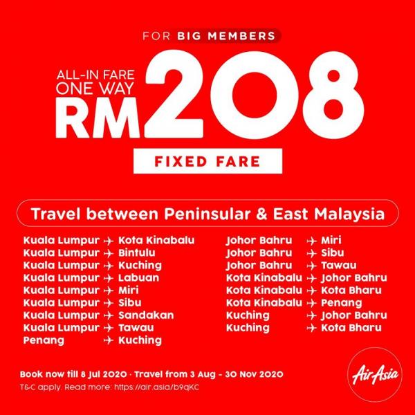 AirAsia RM88 & RM208 Fixed Fare Promotion (6 July 2020 - 8 July 2020)