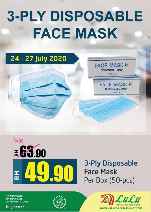 LuLu Hypermarket 3-Ply Disposable Face Mask @ RM49.90 Promotion (24 July 2020 - 27 July 2020)