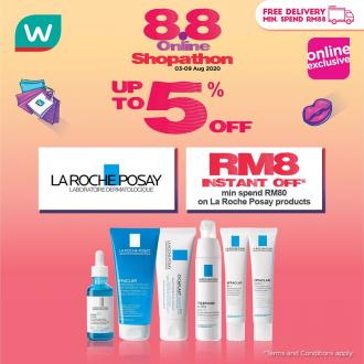Watsons La Roche Posay 8.8 Online Shopathon Sale Up To 5% OFF & RM8 Instant OFF Promotion (3 August 2020 - 9 August 2020)