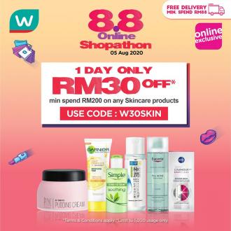 Watsons 8.8 Online Shopathon Skincare Sale FREE RM30 OFF Promo Code (5 Aug 2020)