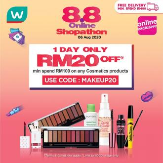 Watsons 8.8 Online Shopathon Cosmetics Sale FREE RM20 OFF Promo Code (6 Aug 2020)