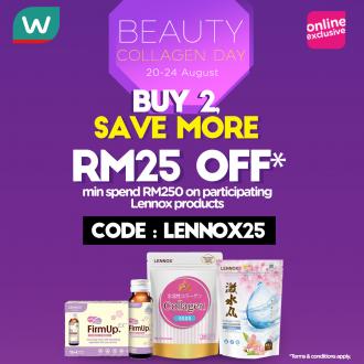 Watsons Lennox Beauty Collegen Day Online Sale Buy 2 Save More RM25 OFF Promo Code (20 Aug 2020 - 24 Aug 2020)