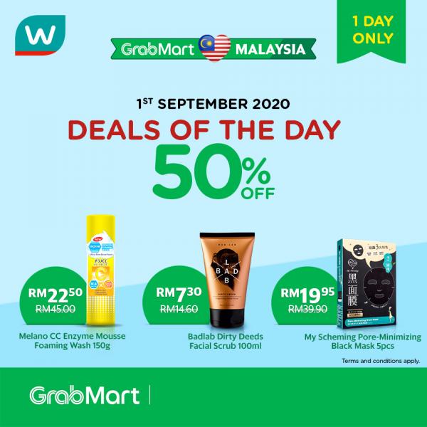 Watsons 50% OFF Deals Of The Day Promotion on GrabMart (1 September 2020)