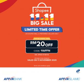 Shopee 11.11 Sale FREE Up To RM20 OFF Promo Code with Affin Card (valid until 11 November 2020)