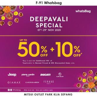 Whatsbag Deepavali Promotion Up To 50% OFF + 10% OFF at Mitsui Outlet Park (7 November 2020 - 29 November 2020)