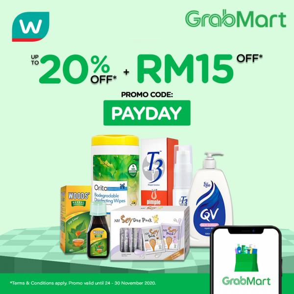 Watsons Payday Promotion FREE RM15 OFF Promo Code on GrabMart (valid until 30 November 2020)