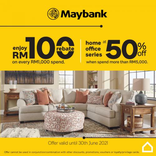 Ashley Furniture HomeStore RM100 Rebate & 50% OFF Promotion pay with Maybank Cards (valid until 30 June 2021)