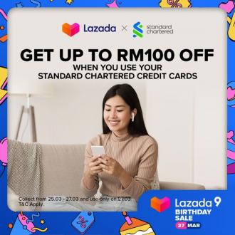 Lazada Birthday Sale Up To RM100 OFF with Standard Chartered Credit Card (27 March 2021)