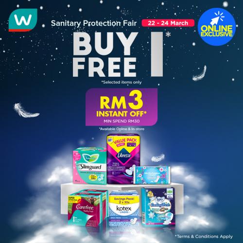 Watsons Online Sanitary Protection Fair Buy 1 FREE 1 Promotion (22 March 2021 - 24 March 2021)