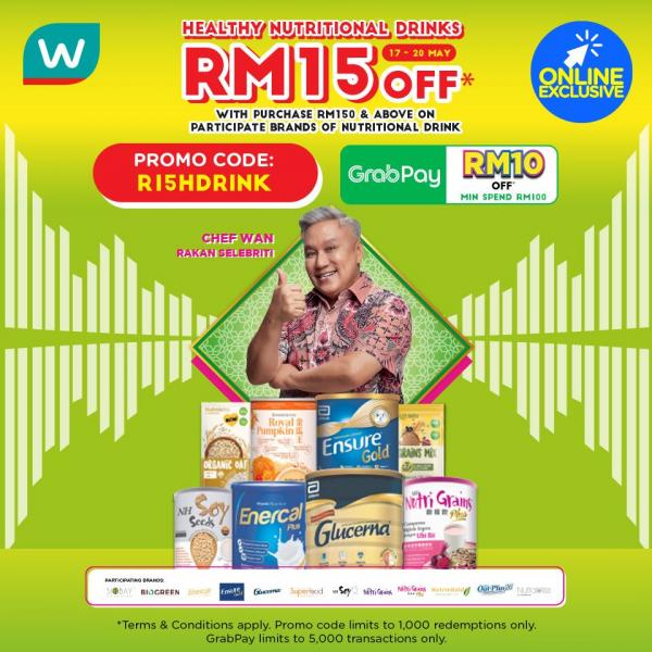 Watsons Online Healthy Nutritional Drink Promotion FREE RM15 OFF Promo Code (17 May 2021 - 20 May 2021)