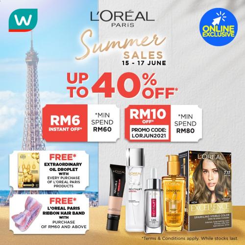Watsons Online Loreal Summer Sales Up To 40% OFF & FREE Promo Code (15 June 2021 - 17 June 2021)