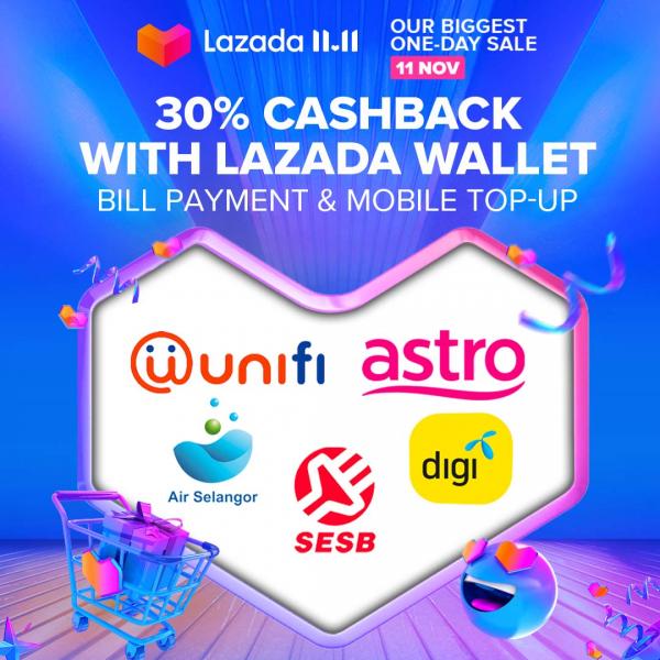 Lazada 11.11 Sale Bill Payment & Mobile Top-Up 30% Cashback with Lazada Wallet (11 November 2021)