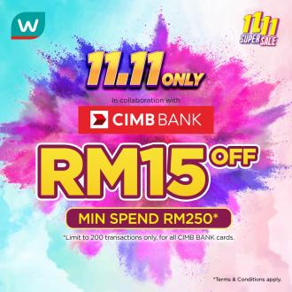 Watsons Online 11.11 Sale CIMB Card RM15 OFF Promotion (11 November 2021)