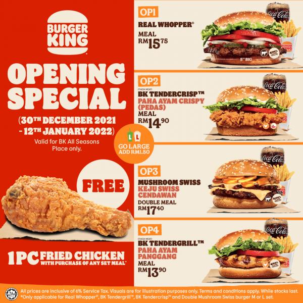 Burger King All Seasons Place Penang Opening Promotion (30 December 2021 - 12 January 2022)