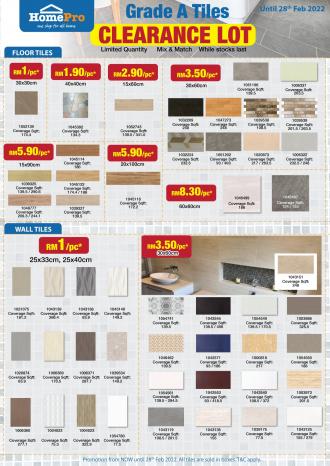 HomePro Grade A Tiles Clearance Sale (valid until 28 February 2022)