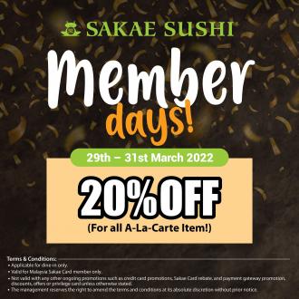 Sakae Sushi Member Days Promotion All A-La-Carte 20% OFF (29 March 2022 - 31 March 2022)