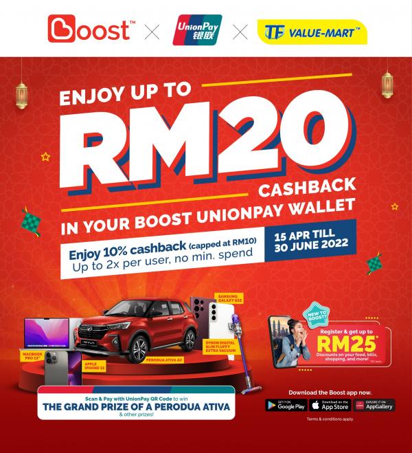 TF Value-Mart Boost UnionPay Up To RM20 Cashback Promotion (15 April 2022 - 30 June 2022)