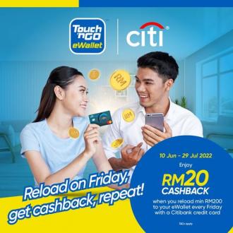 Touch 'n Go eWallet Citibank Credit Card Friday RM20 Cashback Promotion (10 June 2022 - 29 July 2022)