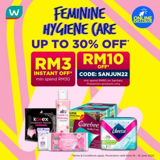 Watsons Online Feminine Hygiene Care Sale Up To 30% OFF (16 June 2022 - 18 June 2022)