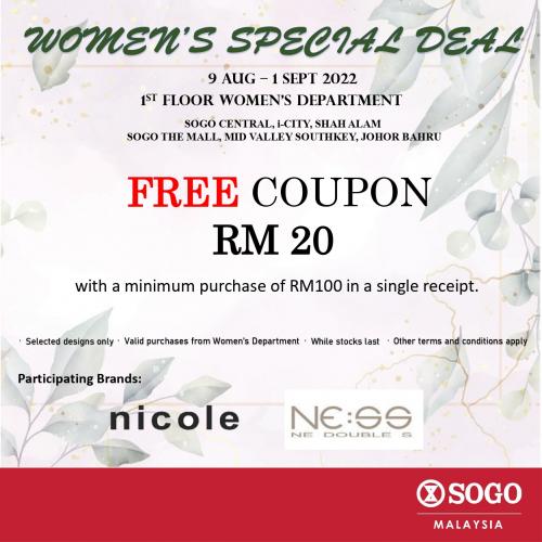 SOGO Women’s Special Deal Promotion FREE RM20 Coupons (9 August 2022 - 1 September 2022)
