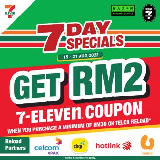 7-Eleven Telco Reload FREE RM2 Coupon Promotion (15 August 2022 - 21 August 2022)