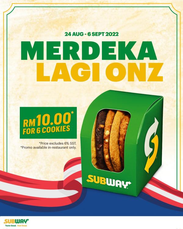 Subway Merdeka 6 Cookies @ RM10 Promotion (24 August 2022 - 6 September 2022)