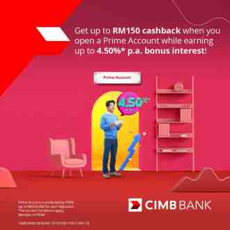 CIMB Open Prime Account Up To RM150 Cashback Promotion (1 March 2023 - 31 May 2023)