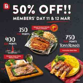 Tony Roma's B&B Member Days Promotion 50% OFF (11 March 2023 - 12 March 2023)