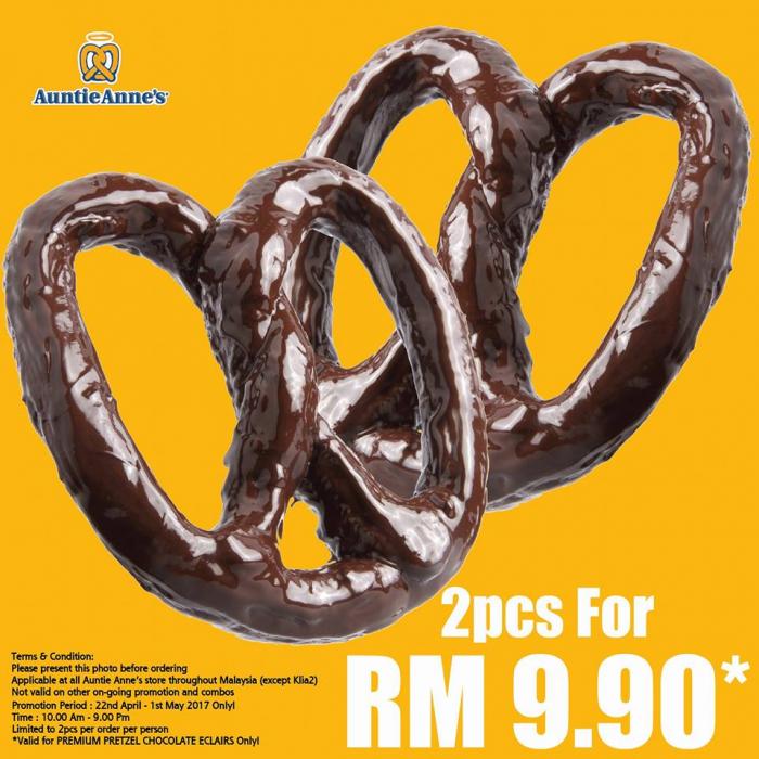 Auntie Anne's 2 pcs Premium Pretzel Chocolate Eclairs for RM9.90 only