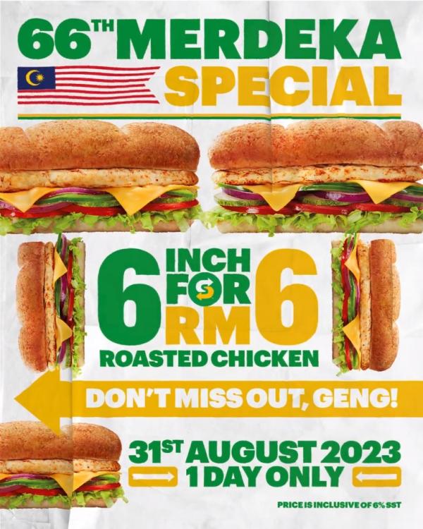 Subway 66th Merdeka Promotion Roasted Chicken Sub for RM6 (31 Aug 2023)