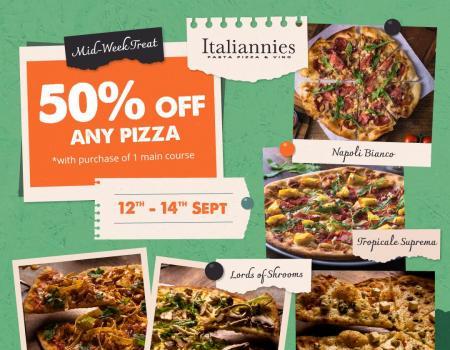 Italiannies Mid-Week Treat: Enjoy 50% Off Any Pizza with Main Course Purchase (12 September 2023 - 14 September 2023)