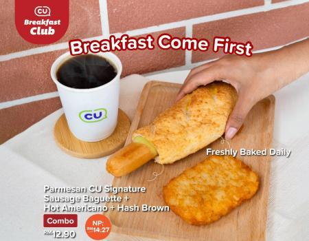 CU Breakfast Combo Sausage Baguette + Americano + Hash Brown Combo for RM12.90