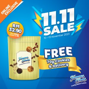 Famous Amos 11.11 Sale: Get 300g + 70g Cookies for Just RM 32.90 with FREE Delivery from 10 Nov 2023 until 13 Nov 2023!