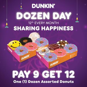 Dunkin' Dozen Day Promotion: Get 12 Donuts for the Price of 9 or 2 Iced Dunkin' Coffees for RM12 on 12 Nov 2023