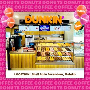 Dunkin' Shell Batu Berendam Melaka Opening Promotion: Buy any 1 Dunkin' Coffee Get FREE 1 Donut from 18 Nov 2023 until 27 Nov 2023