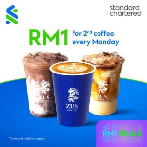 ZUS Coffee RM1 for 2nd Coffee with Standard Chartered Cards (every Monday)