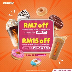 Dunkin Up To RM15 OFF Promo Code on FoodPanda (16 Jan 2024 - 31 Jan 2024)