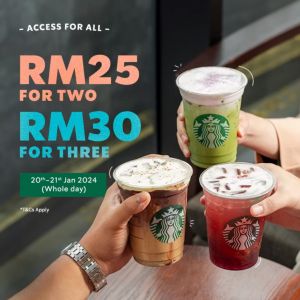 Starbucks 2 for RM25 and 3 for RM30: 2 Grande-sized Beverages for RM25 and 3 Grande-sized Beverages for RM30 (20 Jan 2024 - 21 Jan 2024)