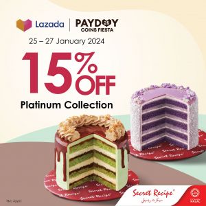 Secret Recipe Lazada Payday Sale: Enjoy 15% OFF Platinum Collection Cakes and Buy 1 Free 1 Signature Drinks (25 Jan 2024 - 27 Jan 2024)