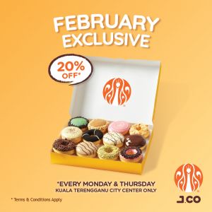 JCO KTCC Mall February 2024 Promotion: 20% OFF 1 Dozens of JCO Donuts (every Monday & Thursday)