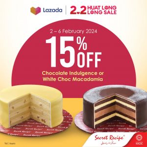 Secret Recipe Lazada 2.2 Sale 2024: Enjoy 15% Off Whole Cakes and RM25 2-Course Meal! (2 Feb 2024 - 6 Feb 2024)