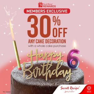 Secret Recipe 30% OFF Cake Decoration for SR Rewards Member (5 Feb 2024 onwards)