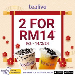 Double the Joy, Double the Refreshment! Tealive CNY Promo: 2 Drinks for RM14 (9 Feb 2024 - 14 Feb 2024)