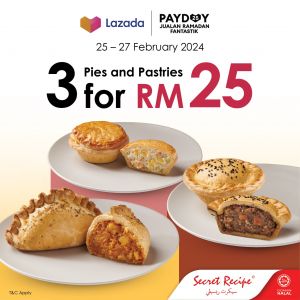 Pastry Paradise! Secret Recipe's Lazada Payday Sale: 3 Pies for RM25 (25-27 Feb 2024)