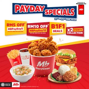 Unleash Savings! Marrybrown Payday Deals: RM10 OFF, Buy 1 Free 1 & Double Points (27-29 Feb 2024)