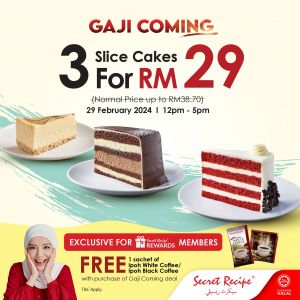 Celebrate Payday with Secret Recipe! 3 Slices of Cake for RM29 + Free Coffee (29 Feb 2024)